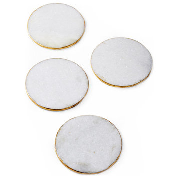 Set of 4 Natural Marble Coasters with Gold Edge, Each 0.25"& 4"
