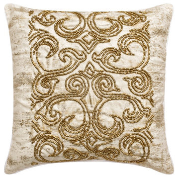 White and Gold Suede Beaded Foil, Art Nouveau 20"x20" Throw Pillow Cover Zadie