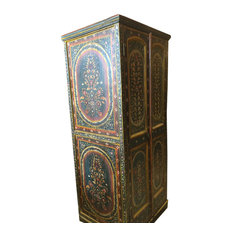 Mogulinterior - Consigned Jodhpur Black Armoire Floral Pained Door for Home Decor - Armoires And Wardrobes