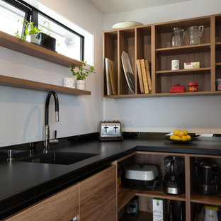 Contemporary kitchen pantry photos - Trendy u-shaped light wood floor and beige floor kitchen pantry photo in Auckland with an undermount sink, light wood cabinets, quartz countertops, stainless steel appliances, flat-panel cabinets and no island
