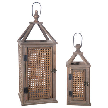 Rectangle Wood Lantern with Lattice Design Body, Natural Brown Finish