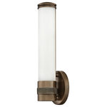 HInkley - Hinkley Remi Medium Led Sconce, Champagne Bronze - Remi's slim profile and sophisticated details seamlessly merge with LED technology to master both form and function. The etched white glass cylinder is finely detailed with precise, stepped end caps, and the cast knurled bracelet in luxe finish options is artfully crafted with vintage appeal. This chic, transitional design ensures Remi's ability to complement a wide variety of bath or interior spaces.