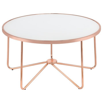Rose Gold Metal Frame Round Coffee Table, White Frosted Glass