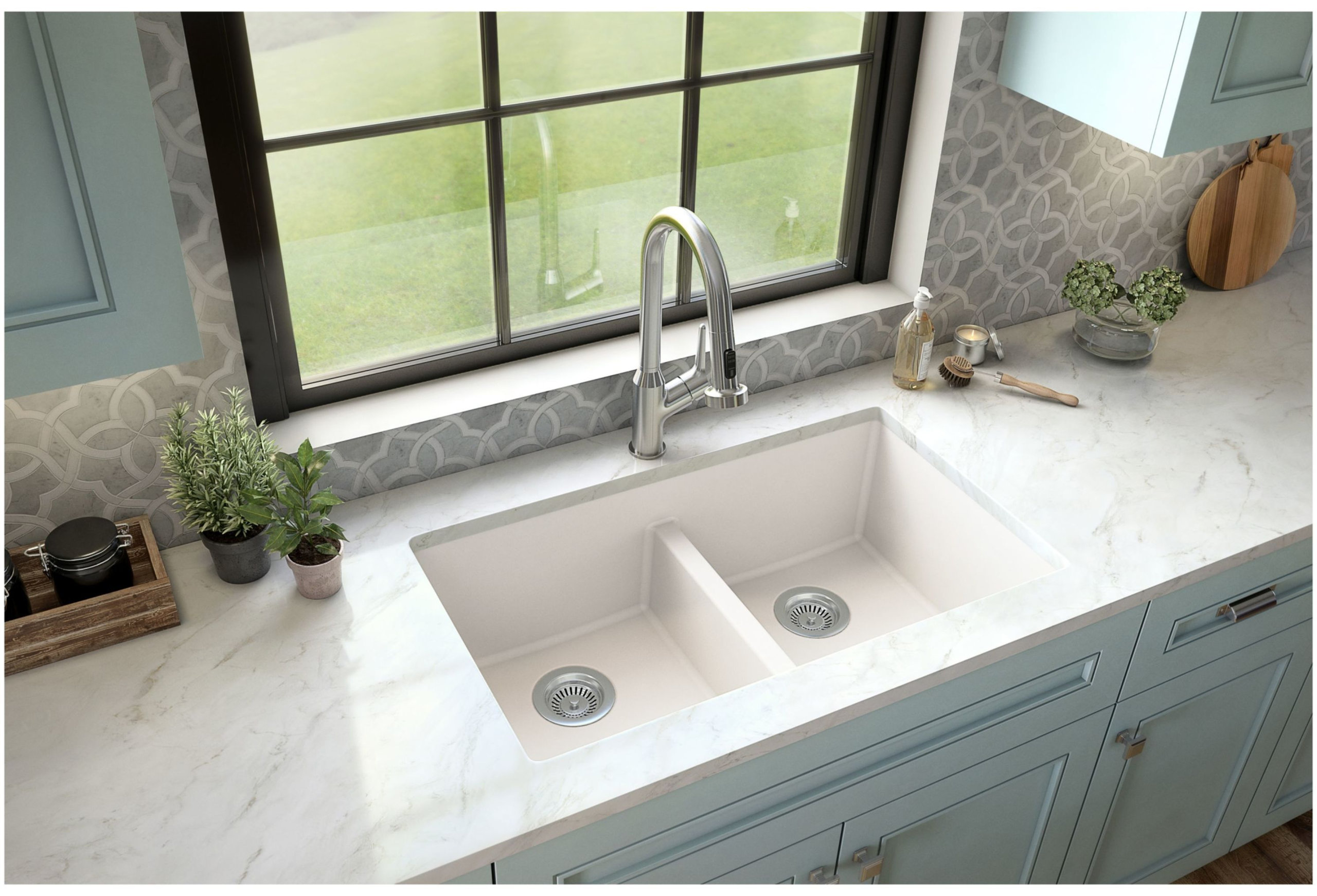 Karran 32" Undermount Double Bowl 50/50 Quartz Kitchen Sink Kit, White