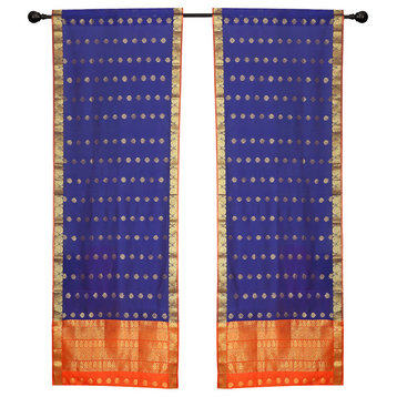 2 Blue Bohemian Indian Sari Curtains Rod Pocket Living Room  43W x 84L