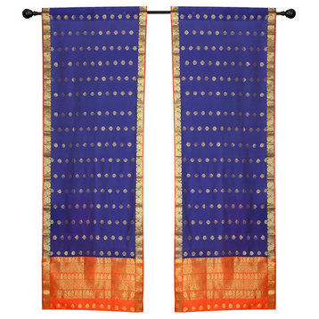 2 Lined Blue Bohemian Indian Sari Curtains Rod Pocket Living Room -43W x 63L