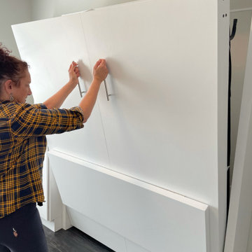 Custom Built Vertical Queen Size Murphy Bed with Desk Combo, In White