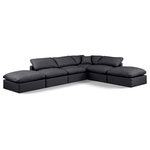 Meridian Furniture - Indulge Upholstered Modular U-Shaped Sectional, Black, 6-Piece: 3 Armless Chair, 1 Corner Chair, 2 Ottoman, Fiber Stuffed Vegan Leather - Experience ultimate comfort and style with our black vegan leather Indulge Sectional. The luxurious vegan leather will elevate the aesthetic of any room. This sofa provides ample space for you to relax while its modular build offers the option of unlimited configurations. Whether you're looking to add a stylish element to your living room or a comfortable seating option to your bedroom, this sofa is the perfect choice.