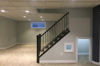 Basement - large contemporary look-out carpeted and beige floor basement idea in Edmonton with gray walls