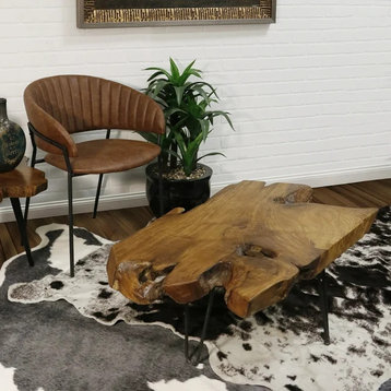 Unique Coffee Table, Metal Frame With Lacquered Carved Natural Teak Wood Top