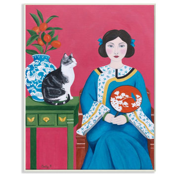 Chinese Woman And Cat Red Green Blue Painting, 13"x19"