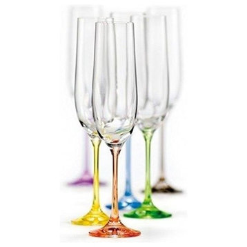 Bohemia Collection Rainbow Set of 6 Champagne Flute Multi Colored Glasses, 6.5oz