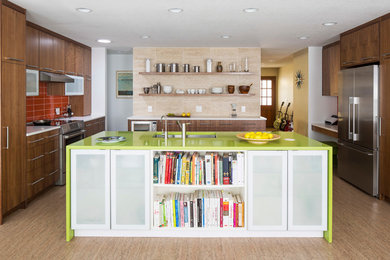 Large 1950s kitchen photo in Minneapolis with a double-bowl sink, flat-panel cabinets, dark wood cabinets, red backsplash, an island and green countertops