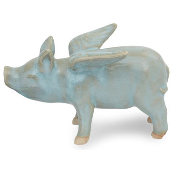 Novica Flying Blue Pig Celadon Ceramic Figurine