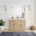 Vinnova Inc - Porto Bath Vanity with White Quartz Stone Top, Natural Oak, 48 in., No Mirror - Transform your bathroom into a haven of style and sophistication with our Porto Series Freestanding Bathroom Vanity a piece that embodies fine craftsmanship and everyday practicality. This exquisite vanity combines the textured warmth and elegance of solid oak with pristine white quartz, resulting in a look that's both inviting and visually captivating. Deep dovetail drawers with partitions allow you to keep your essentials concealed and organized.