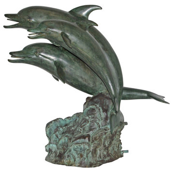 Three Dolphins Bronze Statue Fountain Green Patina Finish, Size 40" x 24" x 36
