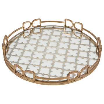 A&B Home 18" Round Gold Mirrored Serving Tray With Gold Metal, 16"