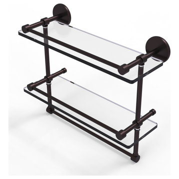 16" Gallery Double Glass Shelf with Towel Bar, Antique Bronze