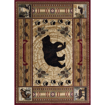 Black Bear Novelty Lodge Pattern Red Rectangle Area Rug, 4'x5'