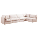 Meridian Furniture - Jacob Velvet Upholstered 5-Piece L-Shaped Modular Sectional, Pink - Create the ideal seating arrangement for your space when you pick and choose the elements you like mostincluding this Jacob velvet modular sectional. Mix and match items in the Jacob collection to bring your living space or family room together with a personalized slant. Soft pink velvet upholstery is soft and welcoming to the touch, adding a luxurious feel to everyday seating. Deep channel tufting adds to the piece's durability, and latches underneath the unit make it easy to attach to other pieces in the collection.