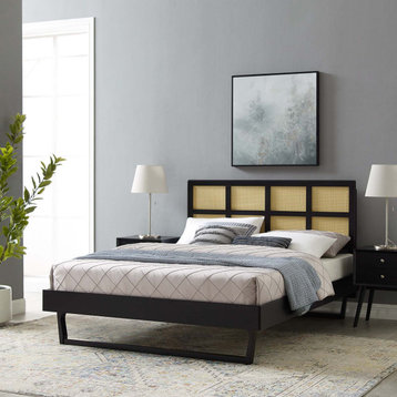 Platform Bed Frame, King Size, Wood, Black, Modern Mid-Century, Bedroom Master