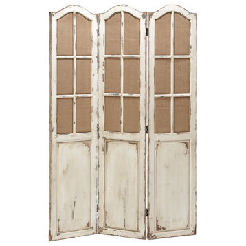Farmhouse 3 Panel Room Divider, Fir Wood Frame With Burlap Window Pane, White