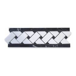 Stone Center Corp - Thassos White Marble 4x12 Basketweave Mosaic Border / Black Dots Honed, 1 sheet - Wall And Floor Tile
