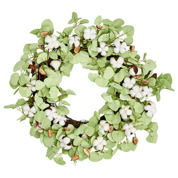 24" Cotton With Leaves Wreath