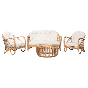 Aliane Modern Bohemian Natural Brown Antique Rattan 4-Piece Living Room Set