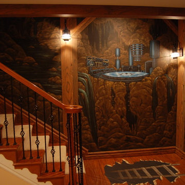The Bat Cave Themed Mural in a stairway and lower level by Tom Taylor