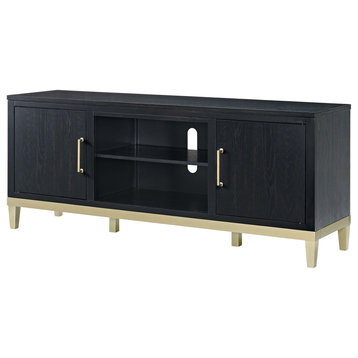 Contemporary TV Stand, Elegant Champagne Gold Base, Side Cabinets, Black Coffee