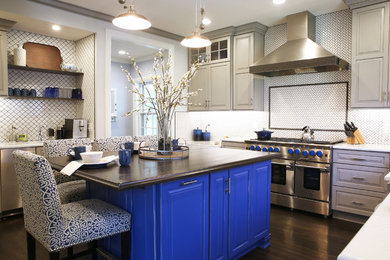 Large transitional l-shaped dark wood floor and brown floor enclosed kitchen photo in Other with an island, raised-panel cabinets, white backsplash, ceramic backsplash and stainless steel appliances