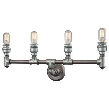 Cast Iron Pipe Four Light Vanity Light Fixture Exposed Bulb - Steampunk Style
