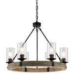 Edvivi Lighting - 6 Light Matte Black and Vintage Wood Wheel Chandelier - This rustic farmhouse light brings together vintage wood and black detailing to create a stunning design. With its classic wagon wheel structure and clear glass cylinder shades, this chandelier fits into many of today's trends. Six black candle sleeve are covered by clear glass shades. the 48-inch chain is adjustable and we always recommend adding a dimmer switch for even more customization.