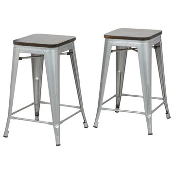 Cormac 24" Square Counter Stool Set of 2, Silver and Elm