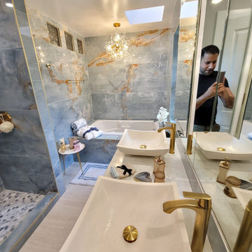 Bathroom Remodel; Huge Blue Tiles; Luxury shower and tub