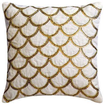 Ivory & Gold Linen Sequins Embroidery 16"x16" Throw Pillow Cover - Gold Accord