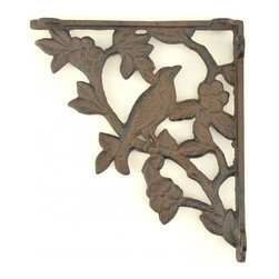 Import Wholesales - Wall Shelf Bracket, Bird On Branch Pattern, Cast Iron, 7.625" Deep - Brackets