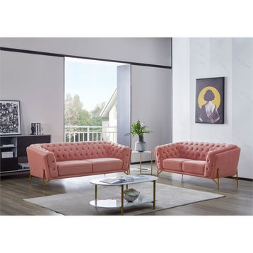 Divani Casa Aiken Modern Velvet & Metal Diamond Tufted Sofa in Salmon Pink/Gold