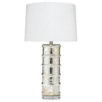 Contemporary Mercury Glass Banded Column Table Lamp 28 in Ribbed Silver Gloss