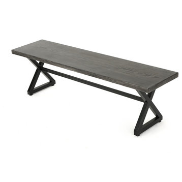 GDF Studio Rosarito Outdoor Aluminum Dining Bench With Black Steel Frame, Gray