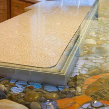 counter w/seashells, stones, under glass
