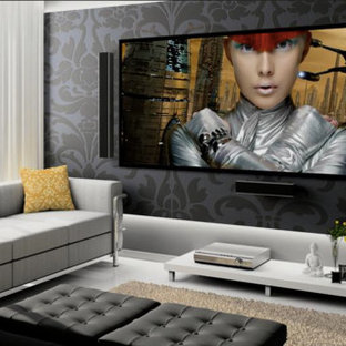 Inspiration for a mid-sized contemporary enclosed marble floor and white floor home theater remodel in Denver with gray walls