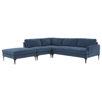 Serena Blue Velvet Large Left Arm Facing Chaise Sectional With Black Legs