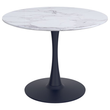 Modern MDF/Metal 40" Round Pedestal Dining Table, White Faux Marble & Black