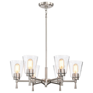 6-Light Brushed Nickel Modern Chandelier With Clear Cone Glass Shades