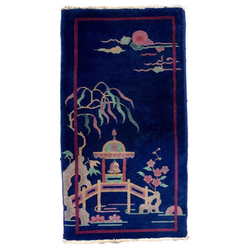 Handmade Antique Art Deco Chinese Rug, 2.1'x3.10', Blue, Red, Green, Geige