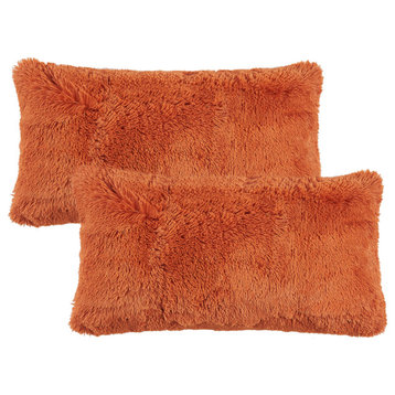 Shaggy Faux Fur Pillow Cover, Burnt Orange, Set of 2, 14"x26"