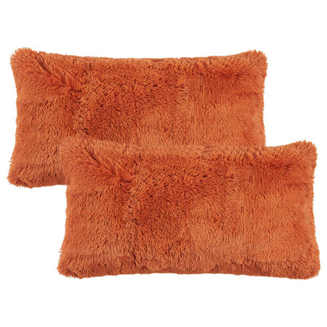 Shaggy Faux Fur Pillow Cover, Burnt Orange, Set of 2, 14"x26"