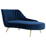 Meridian Furniture - Margo Velvet Upholstered Set, Navy, Chaise - Lean back and lounge in luxurious style on this stunning Margo velvet chaise by Meridian Furniture. This contemporary chaise features plush velvet upholstery that is both classy and sumptuous against your skin, a single seat cushion and rounded arms that curve into a low, rounded back, creating a perfect, modern piece for your home. Gold stainless steel legs support this chaise and provide stunning contrast to the chaise's plush, navy fabric.